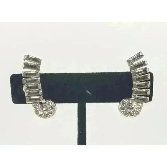 Antique Earrings Art Deco Clip Rhinestone Climber Baguette & Rose Cut Stones - Picture 8 of 8